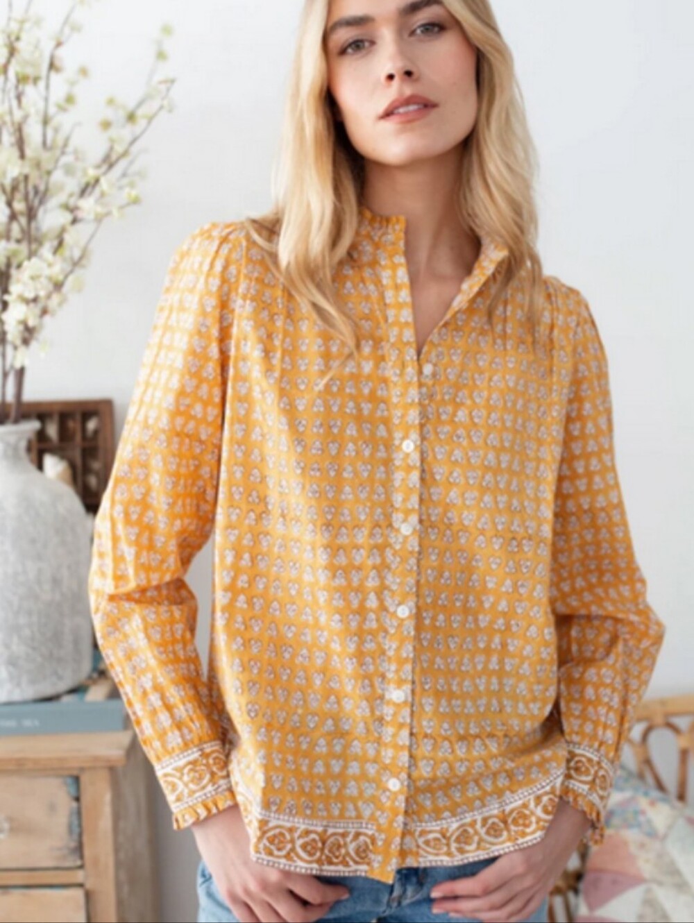 Marea By Liz Joy Charlie Thistle Shirt Button-front Blouse Floral Ruffle Neck